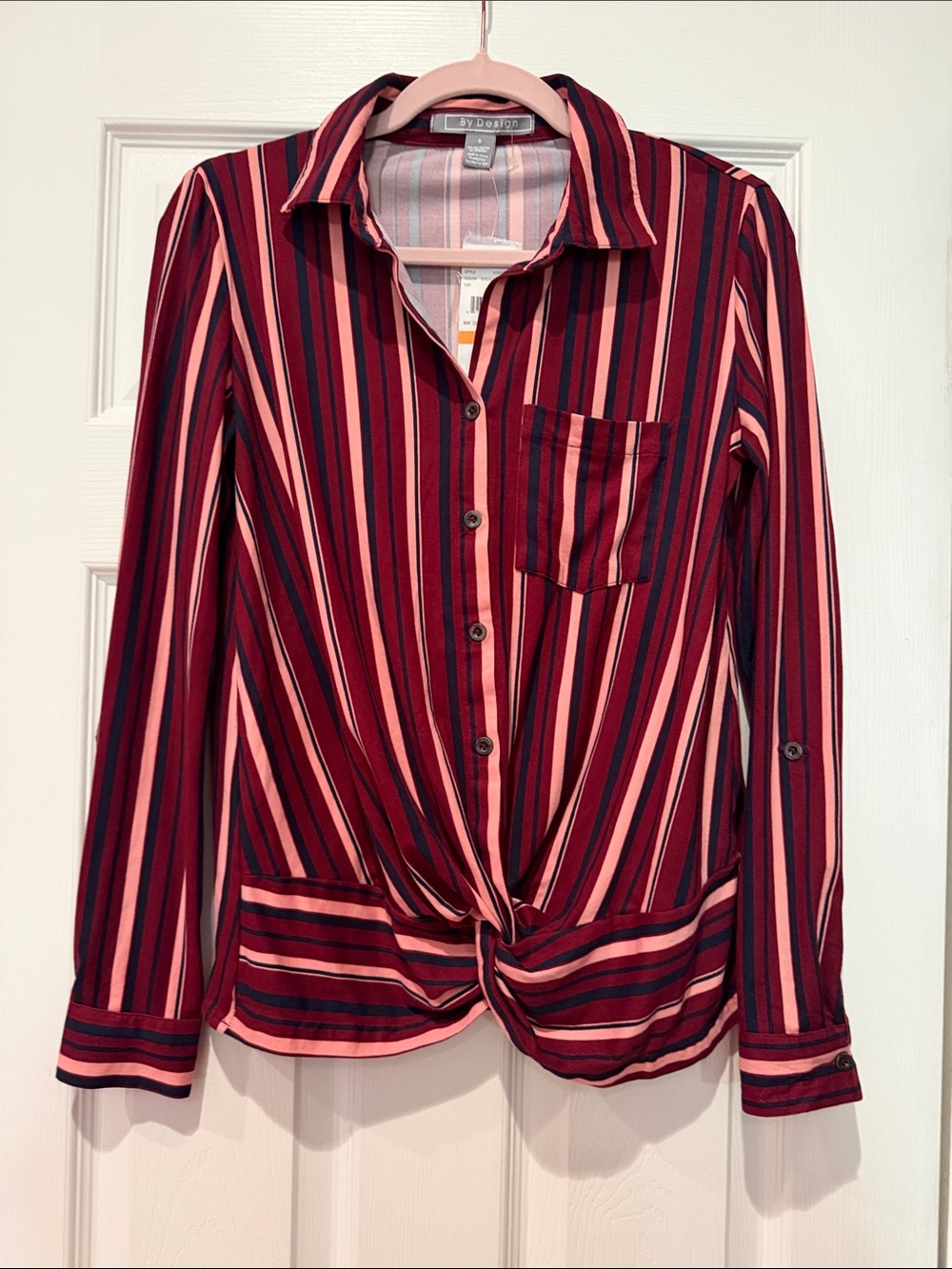 Striped Twist-Front Blouse in Red and Pink